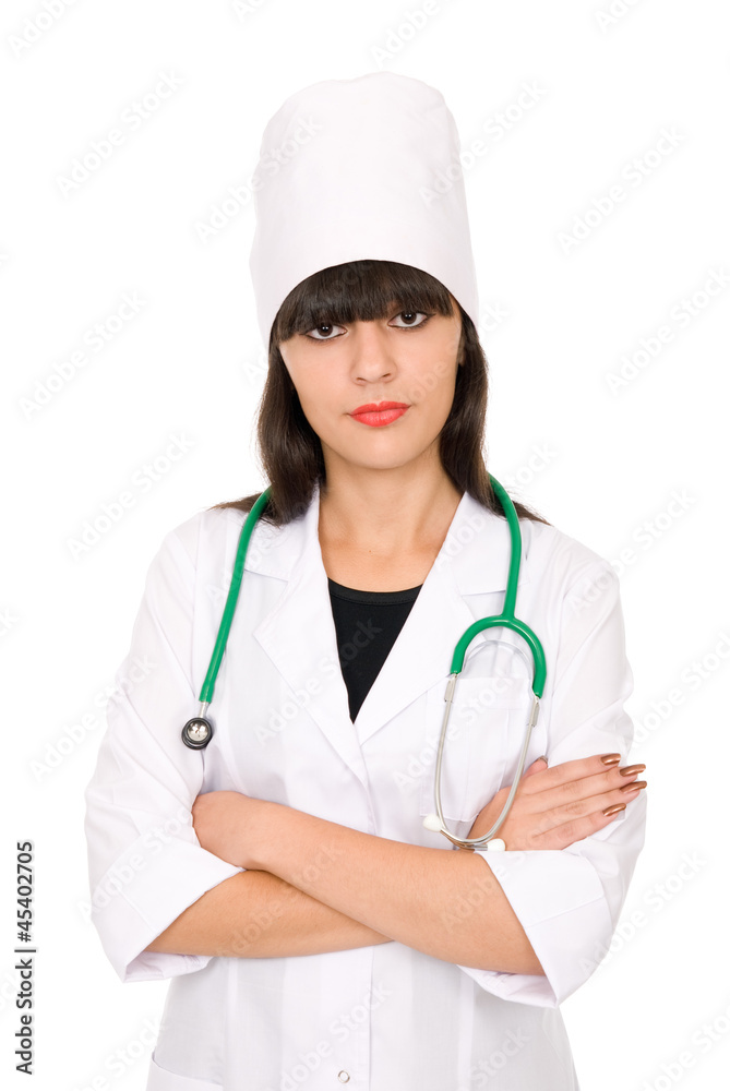 Portrait of a doctor with a stethoscope in the hood Portrait of a doctor with a stethoscope in the hood