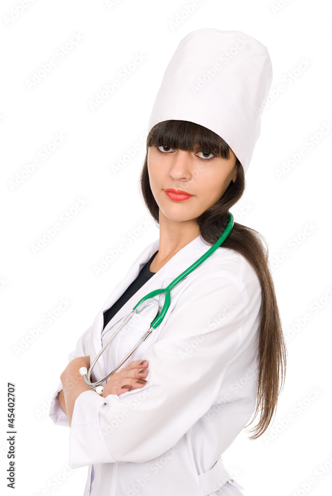 Portrait of a doctor with a stethoscope in the hood Portrait of a doctor with a stethoscope in the hood