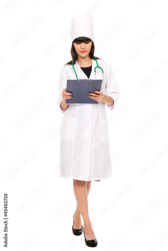 Female doctor with stethoscope holding a clipboard Female doctor with stethoscope holding a clipboard
