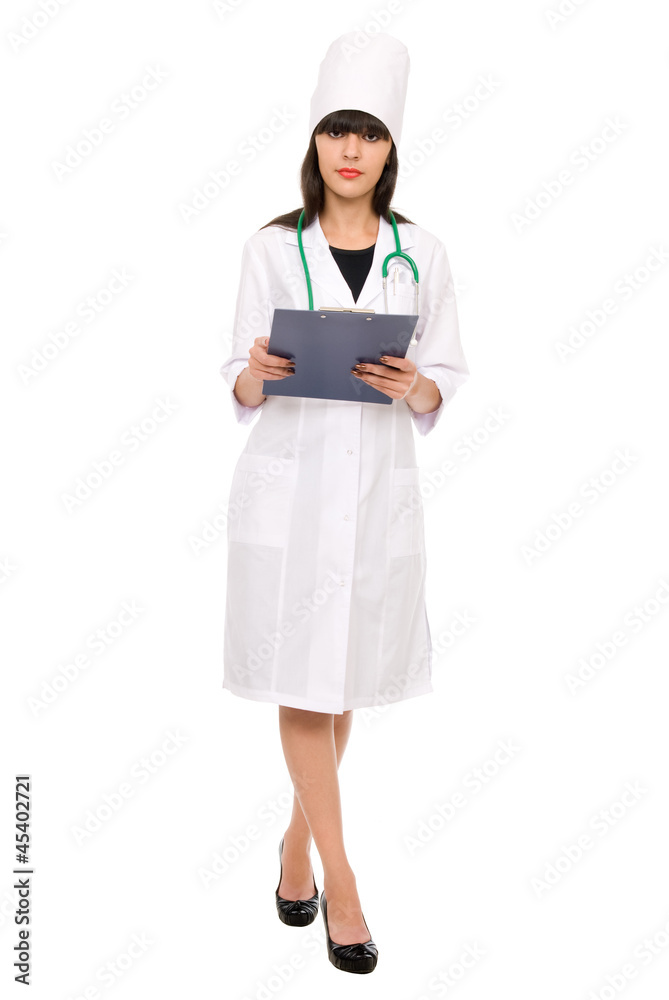 Female doctor with stethoscope holding a clipboard Female doctor with stethoscope holding a clipboard