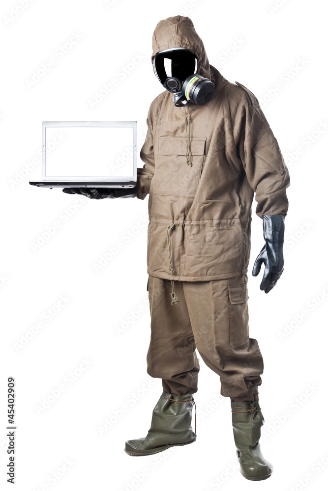 Man in Hazard Suit showing a laptop