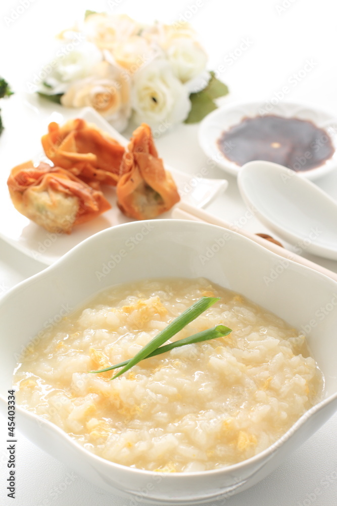 chinese cuisine, egg porridge with wantan for breakfast chinese cuisine, egg porridge with wantan for breakfast