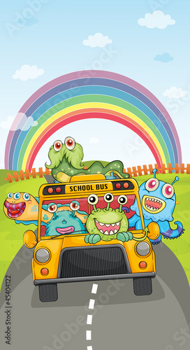 monsters, school bus and rainbow
