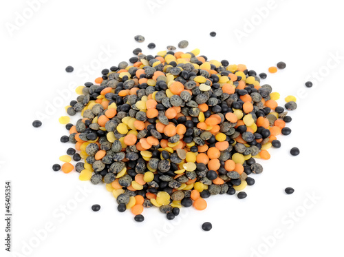 Mixed (Black, Orange and Yellow) Lentils Isolated on White