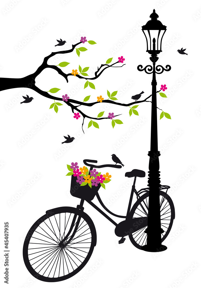 Obraz premium rower z lampą, kwiatami i drzewem, wektor