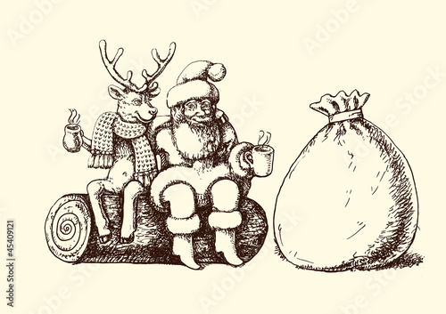Santa Claus und Renntier  machen eine Kaffeepause