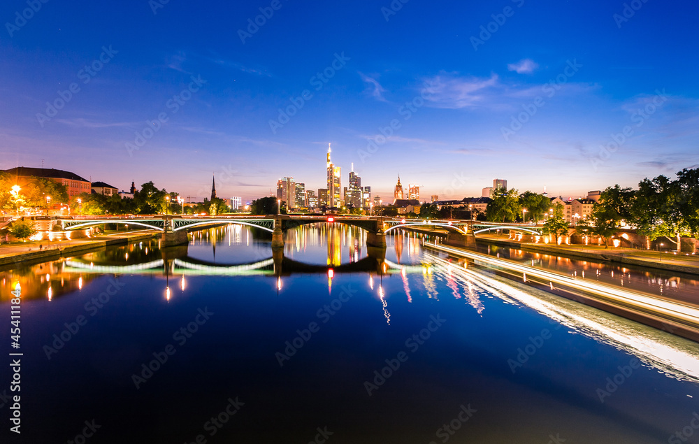 Frankfurt city skyline in Germany at sunset
