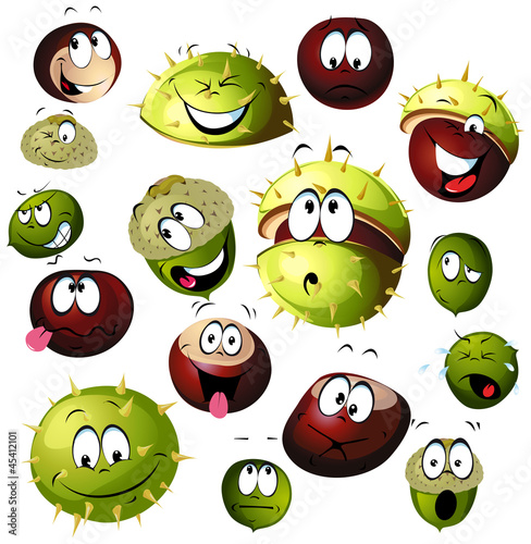 chestnut and acorn cartoon isolated on white