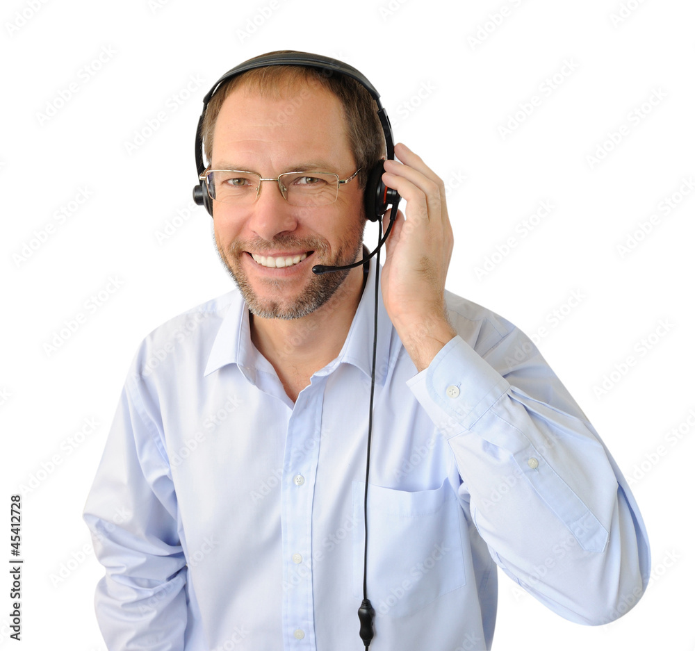 Portrait of phone operator isolated on white background Portrait of phone operator isolated on white background