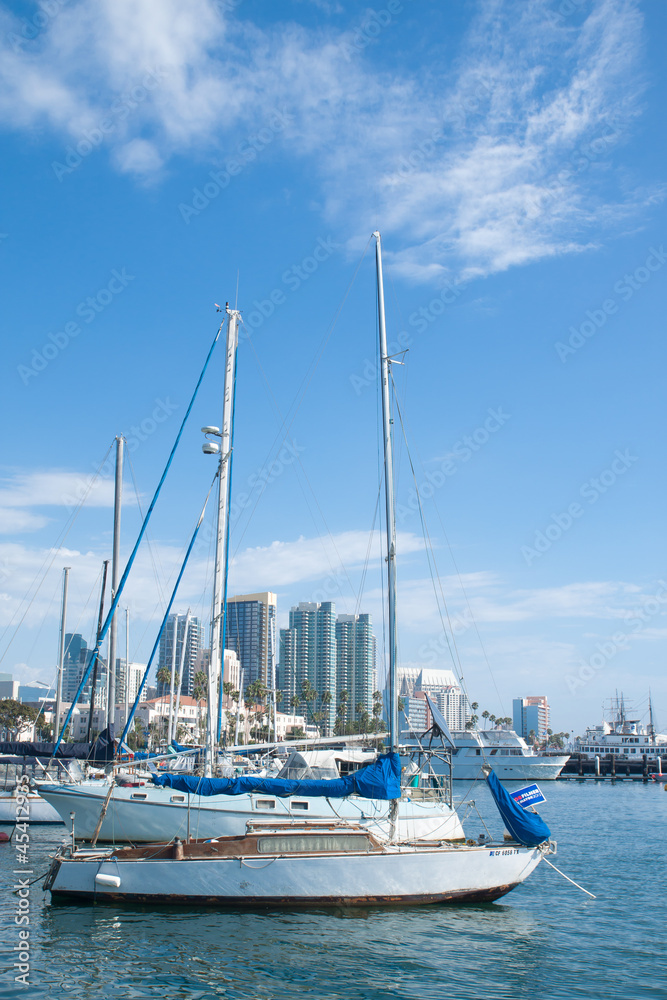 Private yachts in San Diego bay. San Diego bay is the famous poi