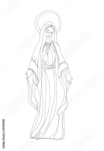Blessed Virgin Mary in black and white contour drawing