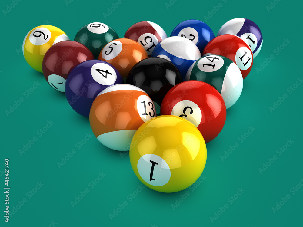 3d Pool balls on green beize ready to break 3d Pool balls on green beize ready to break