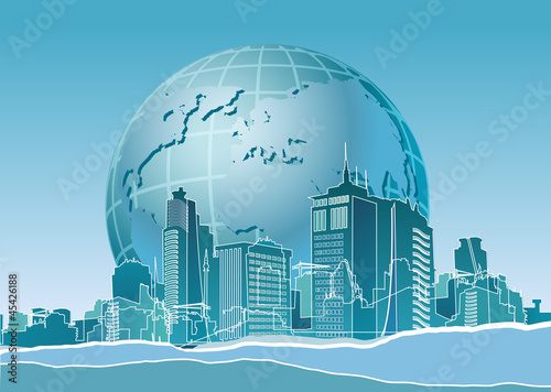 Eco banner with earth end modern city in blue tones