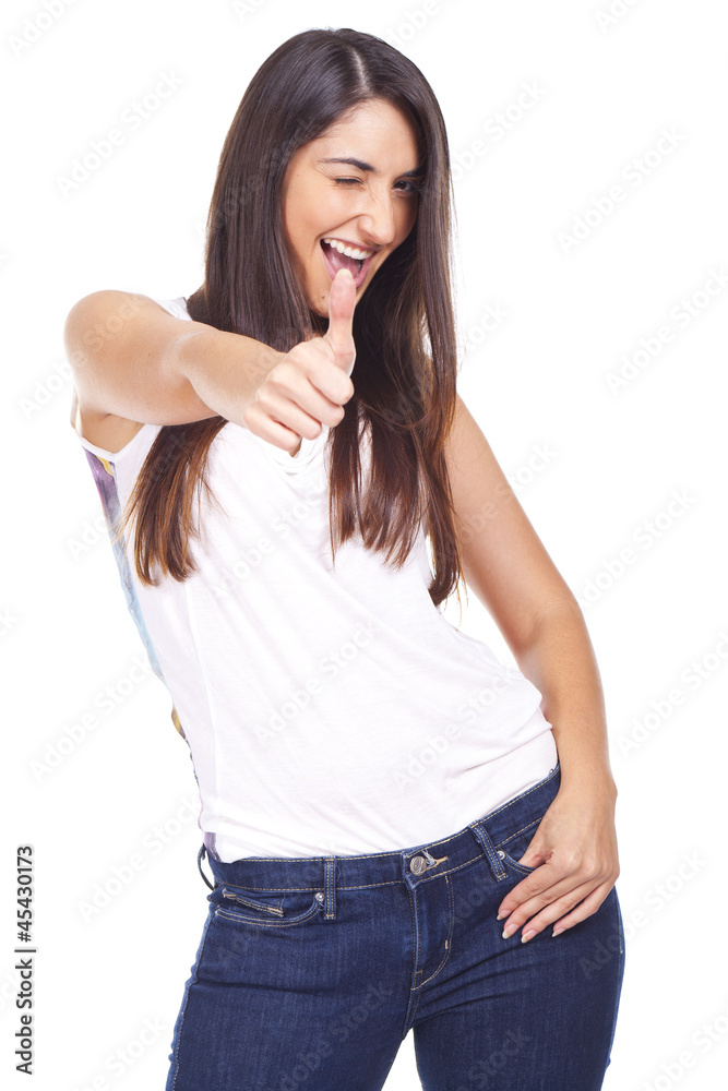 beautiful woman showing ok. Isolated on white background
