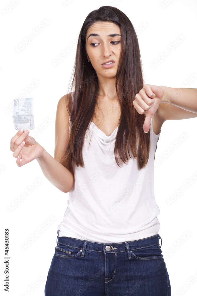 Obraz premium A young woman with euro in hand, isolated on white background
