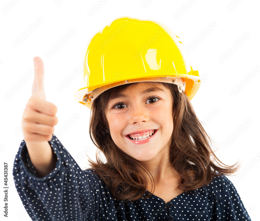 Little girl with yellow helmet showing thumbs up Little girl with yellow helmet showing thumbs up