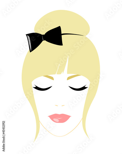 Face of beautiful blonde woman with black bow in hair.