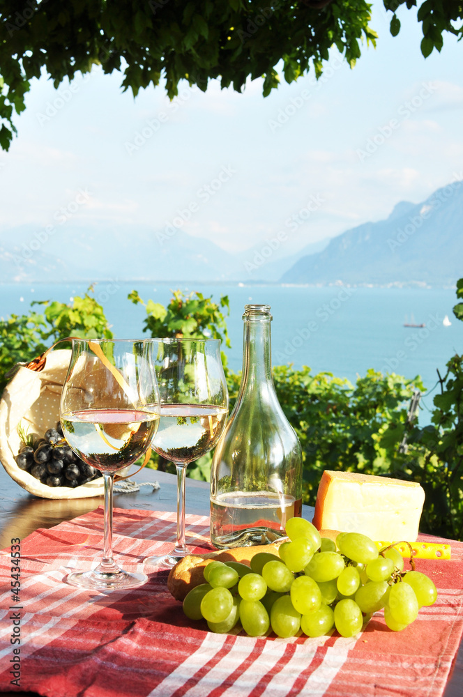 Wine and grapes against Geneva lake. Lavaux region, Switzerland