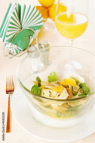 Salad made of fennel with oranges in a glass dish