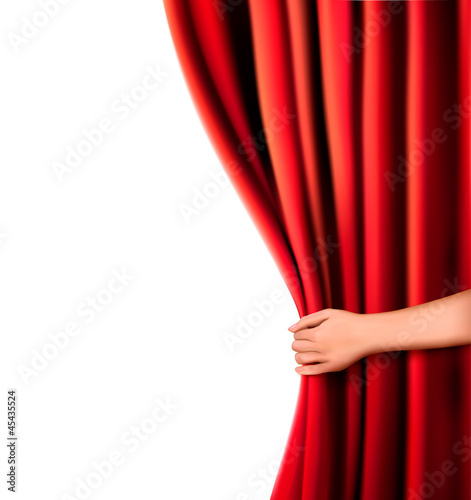 Background with red velvet curtain and hand. Vector