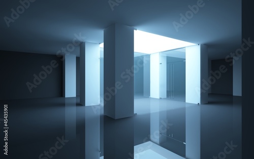 Abstract shop interior with glass doors and a showcase.