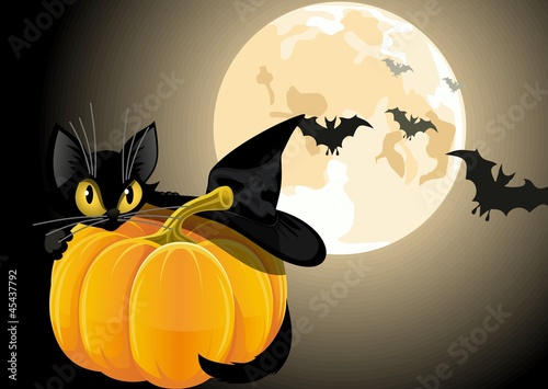 A black cat with pumpkin on a background of the moon