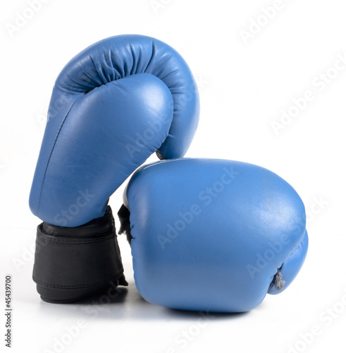 blue protective boxing gloves on white