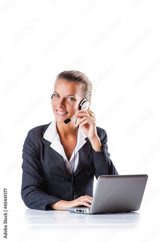 Female helpdesk operator on white Female helpdesk operator on white