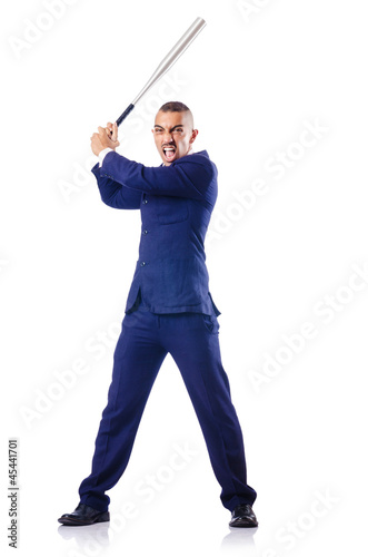 Handsome businessman with bat on white