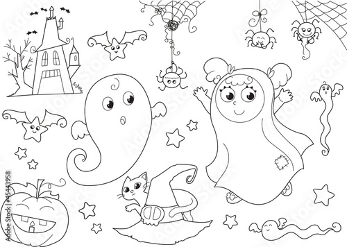 Halloween set  with ghosts, masked girl, house, bats, spiders