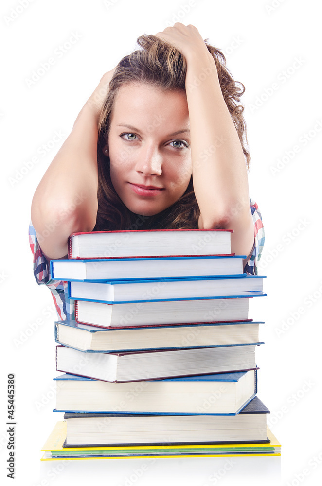 Student with lots of books on white Student with lots of books on white