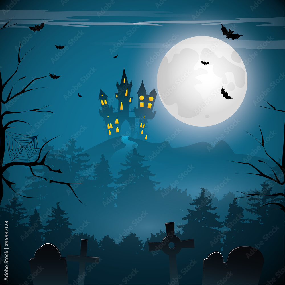 Scary Halloween background with castle and graveyard