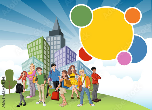 Group of cartoon teenagers on green park in the city