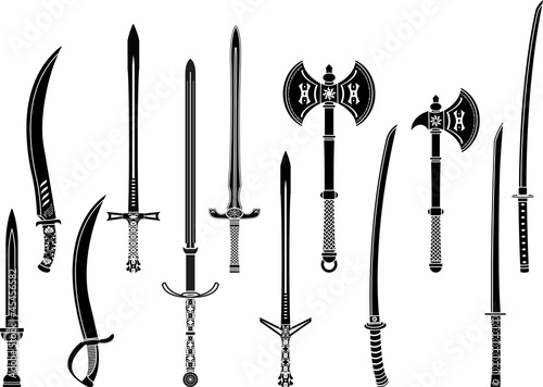 set of stencils of fantasy swords and axes