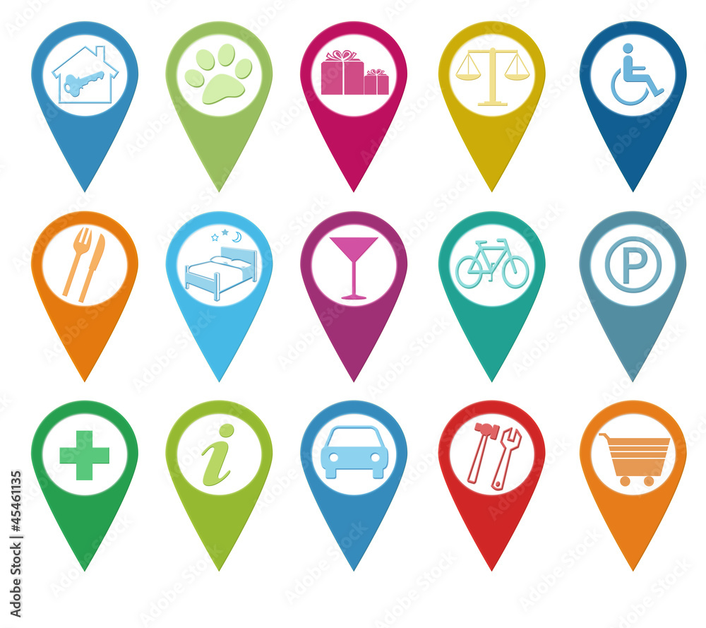 Set de iconos para marcadores en mapas ilustración de Stock | Adobe Stock