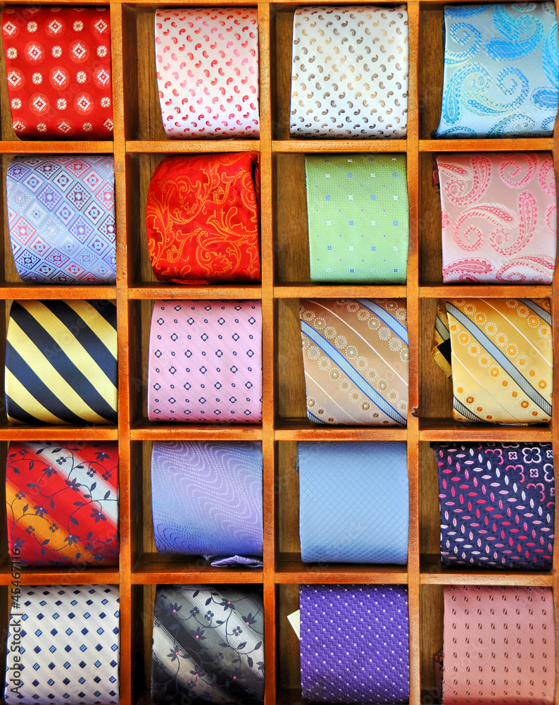 Ties on the shelf of a shop in Como region, Italy