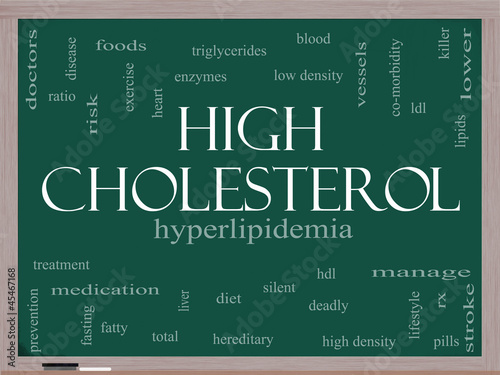 High Cholesterol Word Cloud Concept on a Blackboard photo