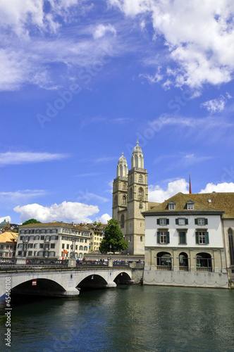 Zurich City Hall and Grossmuenster church across Limmat river