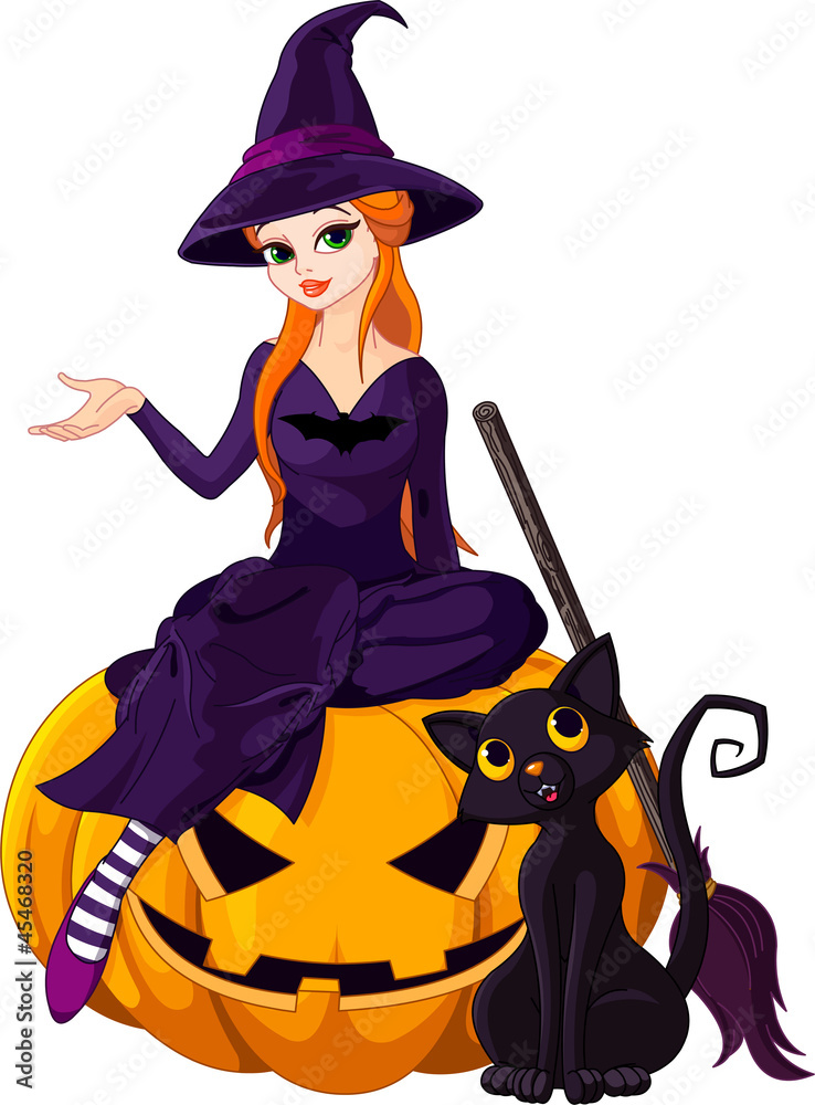 Fototapeta premium Halloween Witch on pumpkin