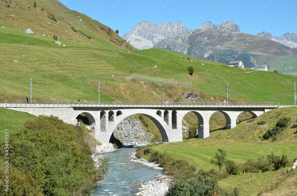 Bridge over mountain river. Furka pass, Switzerland