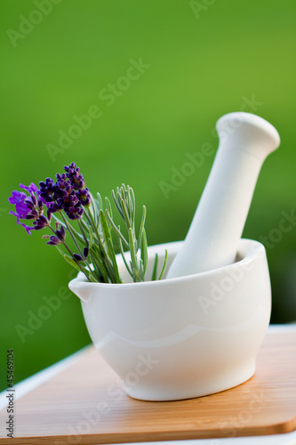 Lavender herbs in the mortar - alternative medicine