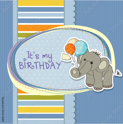 baby boy birthday card with elephant and balloons