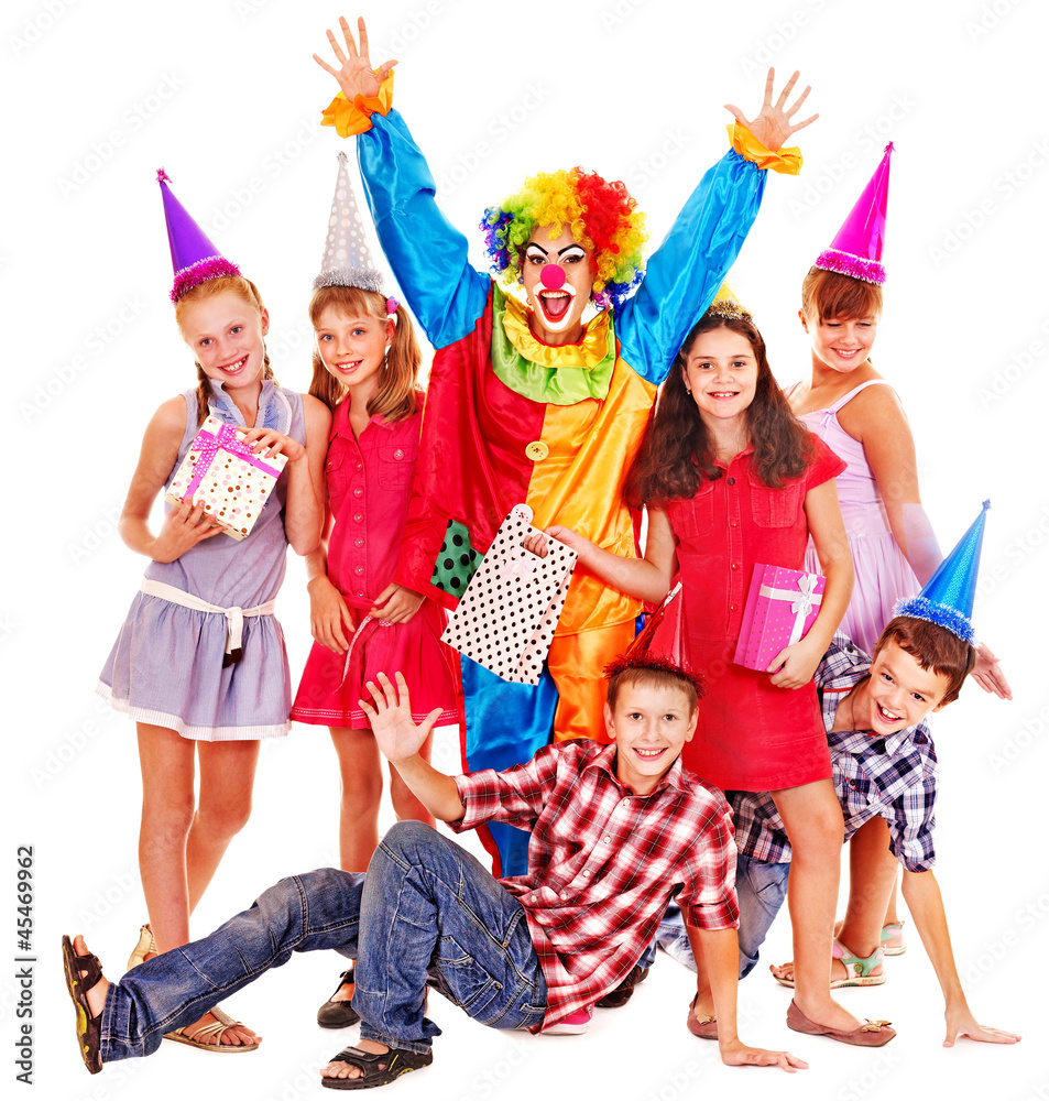 Fototapeta premium Birthday party group of teen with clown.