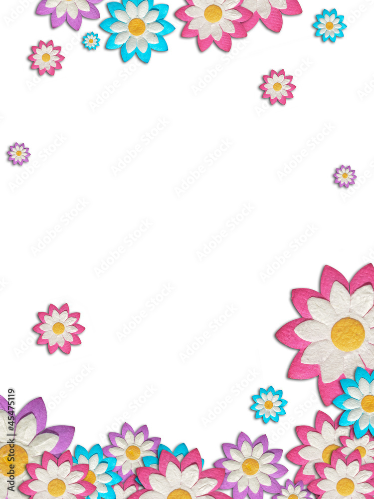 Colorful Paper flowers create a frame on white background Colorful Paper flowers create a frame on white background
