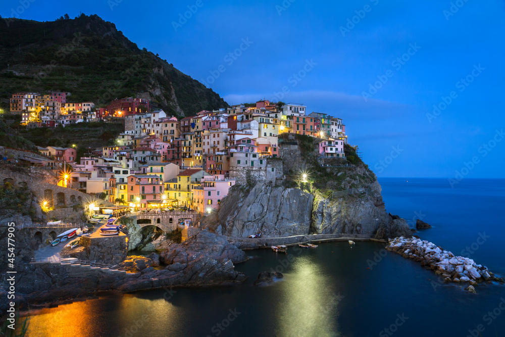 Village of Manarola at night, Cinque Terre, Italy