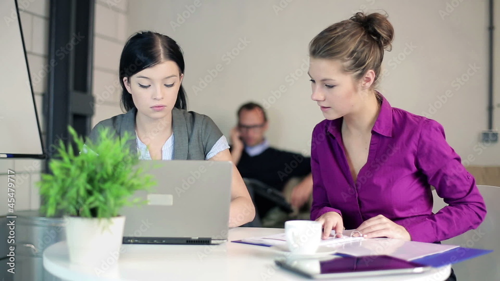 Two businesswomen working with documents and laptop in office Two businesswomen working with documents and laptop in office