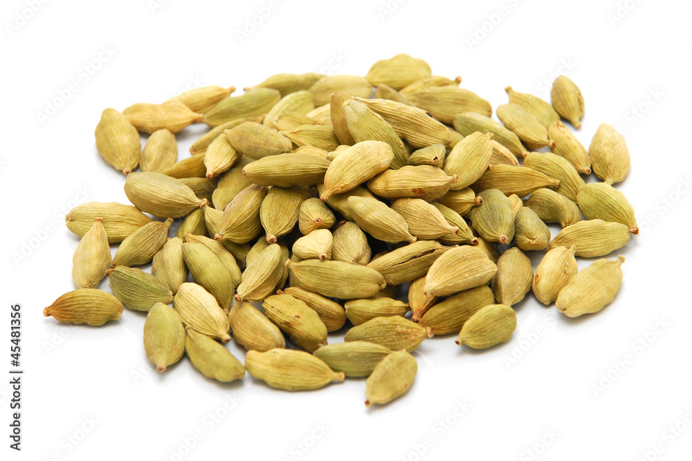 Whole cardamom pods, isolated on a white background Whole cardamom pods, isolated on a white background