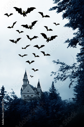 Halloween. Night. Moon, castle and bats.