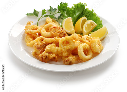 Konstfotografi fried calamari, fried squid with lemon