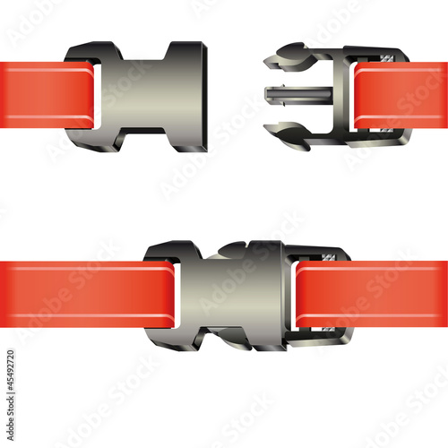 Set of plastic safety buckles with red striped ribbon